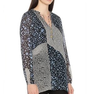 Chaps Blouse Top Size PXL Blue White Floral Sheer‎ Blouse Flowy Casual Boho